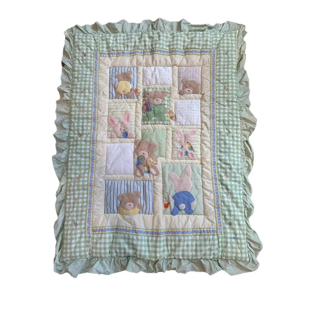 Carter's Teddy Bear Green & Yellow Baby Quilt Blanket Pastel Ruffle Nursery 46